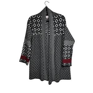 Kamana Geometric Aztec Open Cardigan Sweater Black White Red Long Sleeve Size L